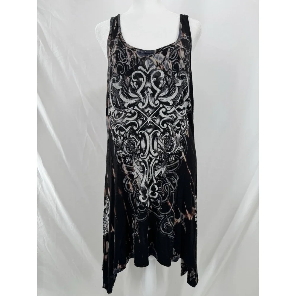 Vocal Y2K Goth Mini Dress L Tie Dye Crochet Indie Edgy Rhinestone Asymmetric USA - Picture 2 of 10